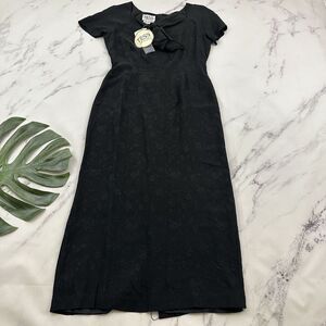 Tess Womens Vintage 90s Silk Dress Size 4 New Black Floral Jacquard Bow Slip